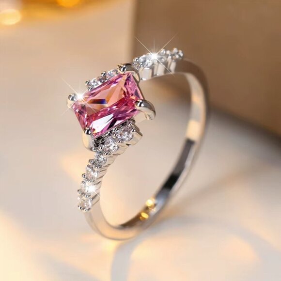 NEW 18k White Gold Pink Sapphire Diamond Ring Emerald Cut Ring - Picture 6 of 6